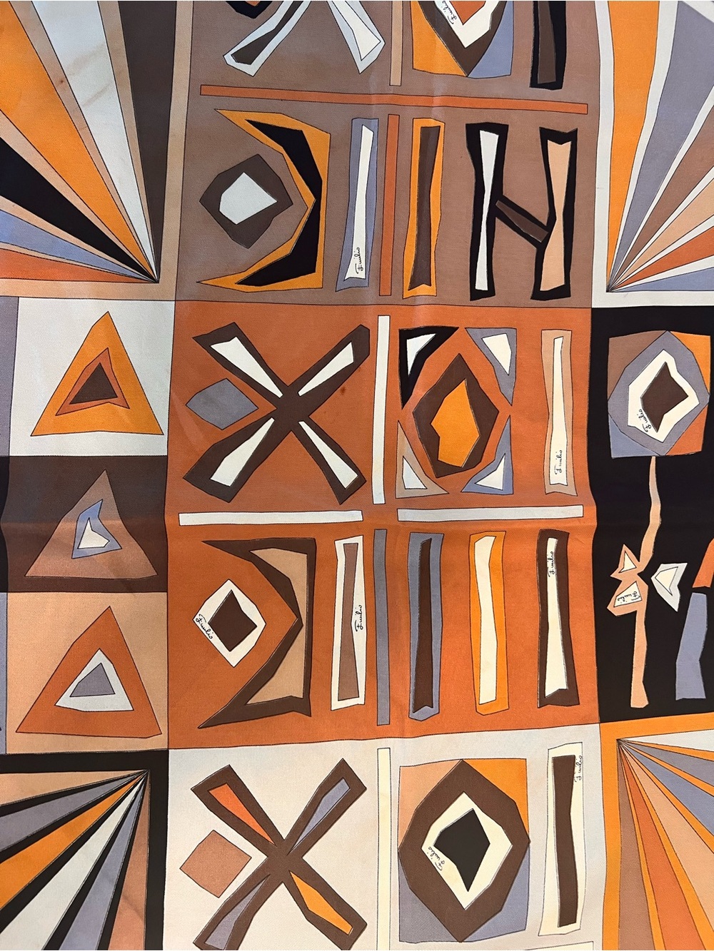 Vintage Pucci Silk Abstract Geometric Scarf in Orange, Brown and Gray - Picture 2 of 5